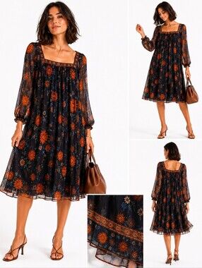 MASSIMO DUTTI Romantic Silk Multi Coloured Print Boho Dress Sz M NWOT